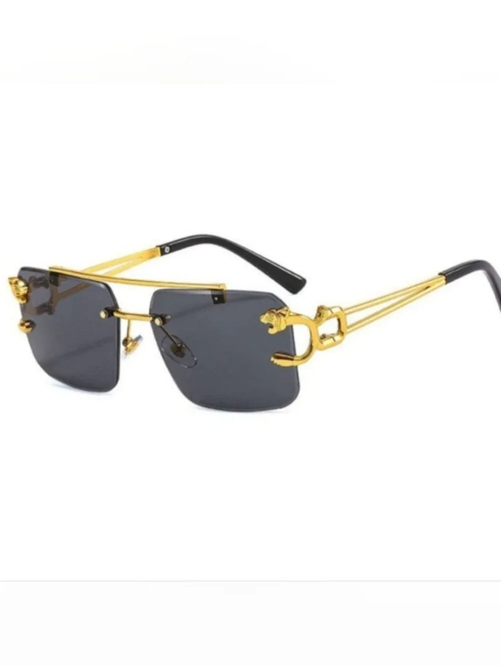Gold Frame Black Lens Men's Sunglasses with Panther Temple Detail